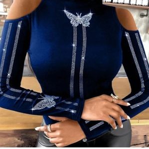 ROYAL BLUE COLD SHOULDER LONG SLEEVE SHIRT WITH DIAMOND RHINESTONES BUTTERFLY